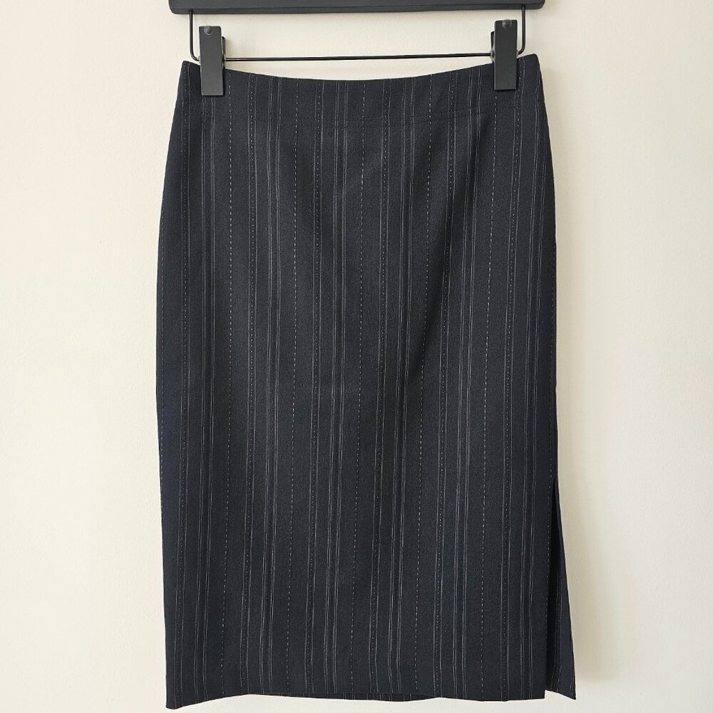 New RK Black Pinstripe Polyester Wool Blend Zipper Lined Pencil Skirt 0